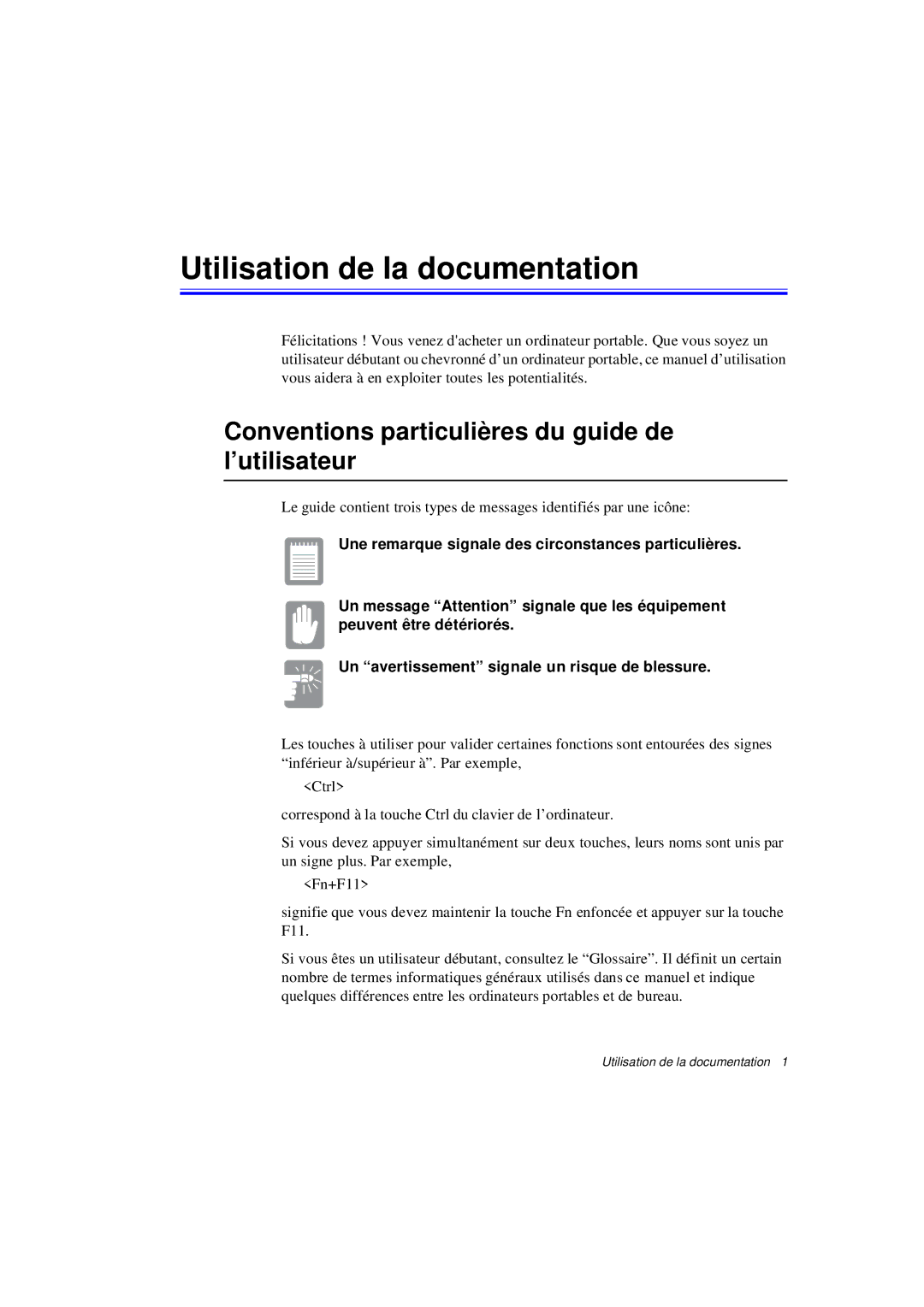 Samsung N640CN2013/SEF manual Utilisation de la documentation, Conventions particulières du guide de l’utilisateur 