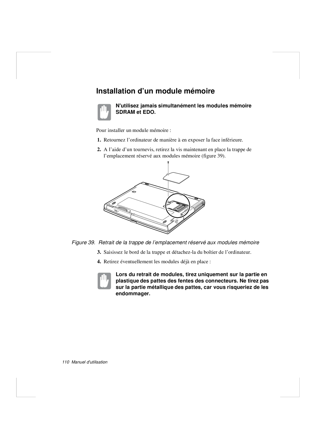 Samsung N640GR4001/SEF, N640CP4007/SEF, N640CN2013/SEF, N640GP4001/SEF, N640CN2011/SEF manual Installation d’un module mémoire 