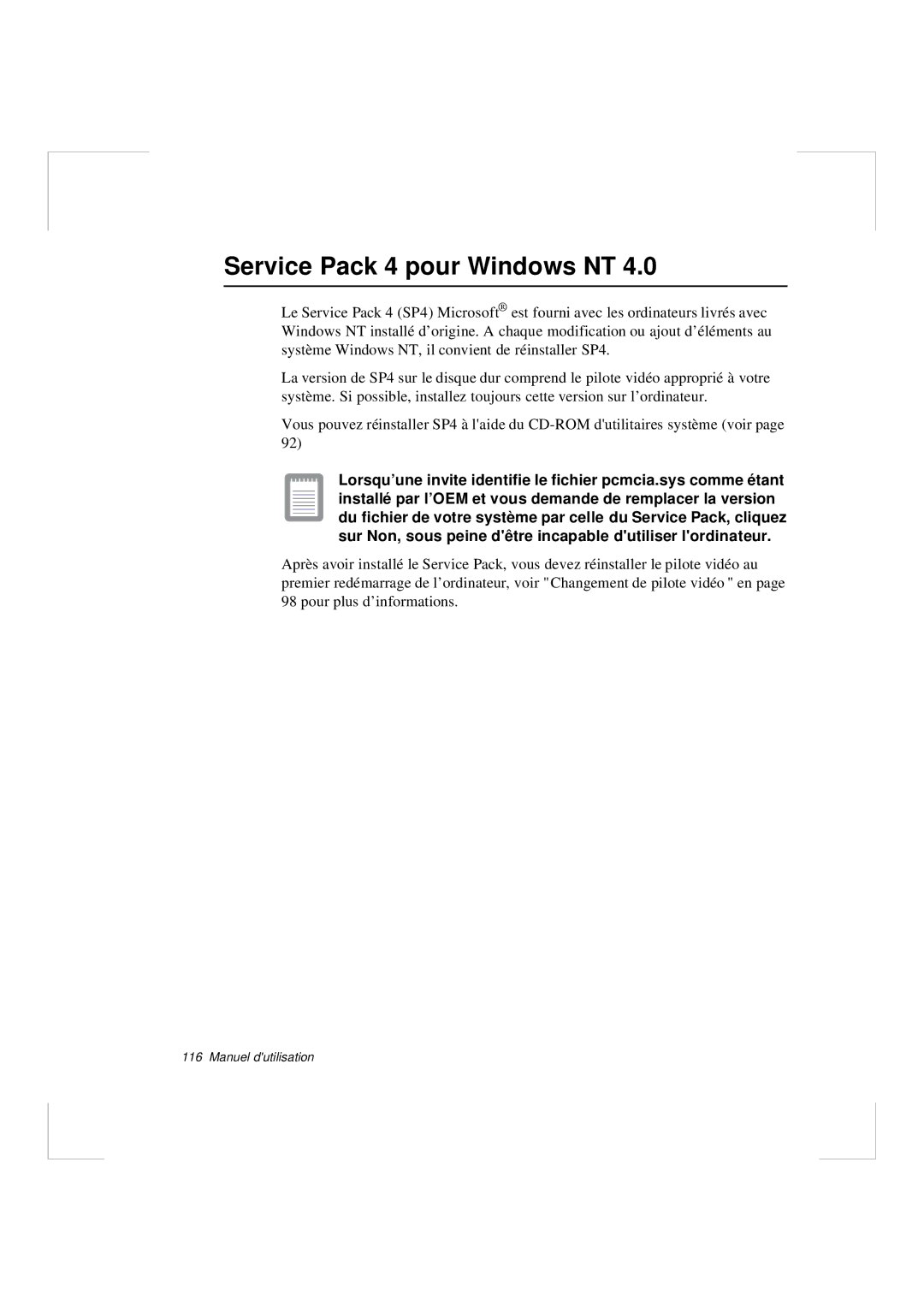 Samsung N640CN2011/SEG, N640CP4007/SEF, N640CN2013/SEF, N640GR4001/SEF, N640GP4001/SEF manual Service Pack 4 pour Windows NT 