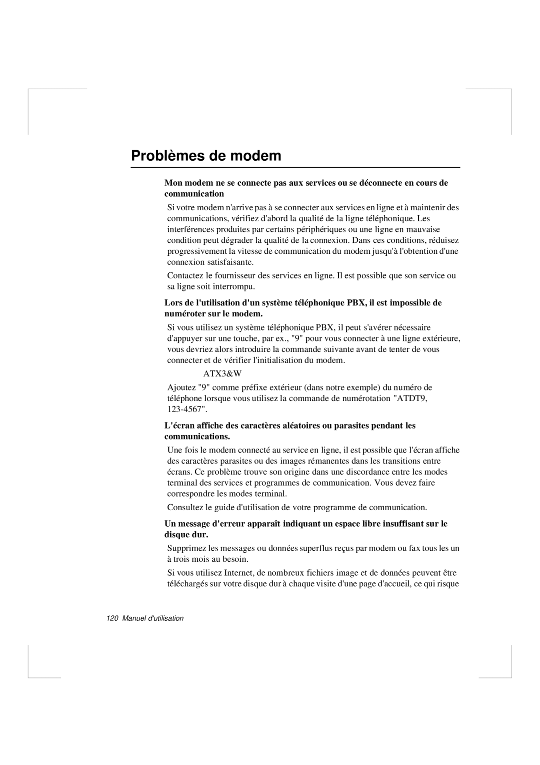 Samsung N640GP4001/SEF, N640CP4007/SEF, N640CN2013/SEF, N640GR4001/SEF, N640CN2011/SEF manual Problèmes de modem, ATX3&W 