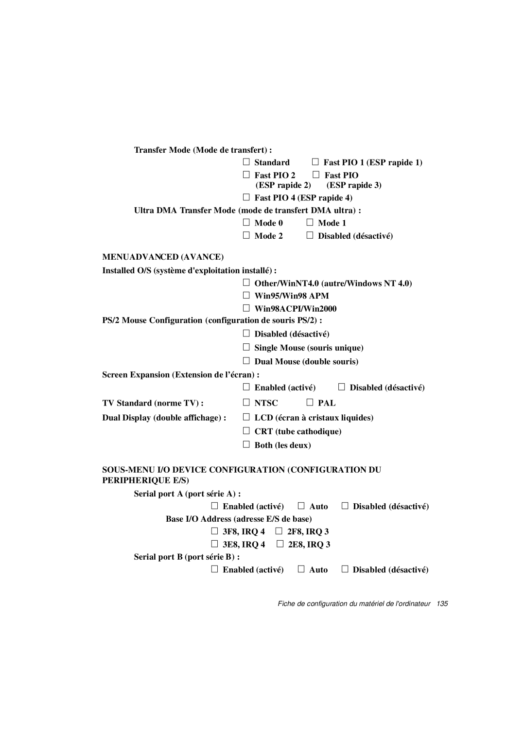 Samsung N640CP4007/SEF, N640CN2013/SEF, N640GR4001/SEF, N640GP4001/SEF SOUS-MENU I/O Device Configuration Configuration DU 