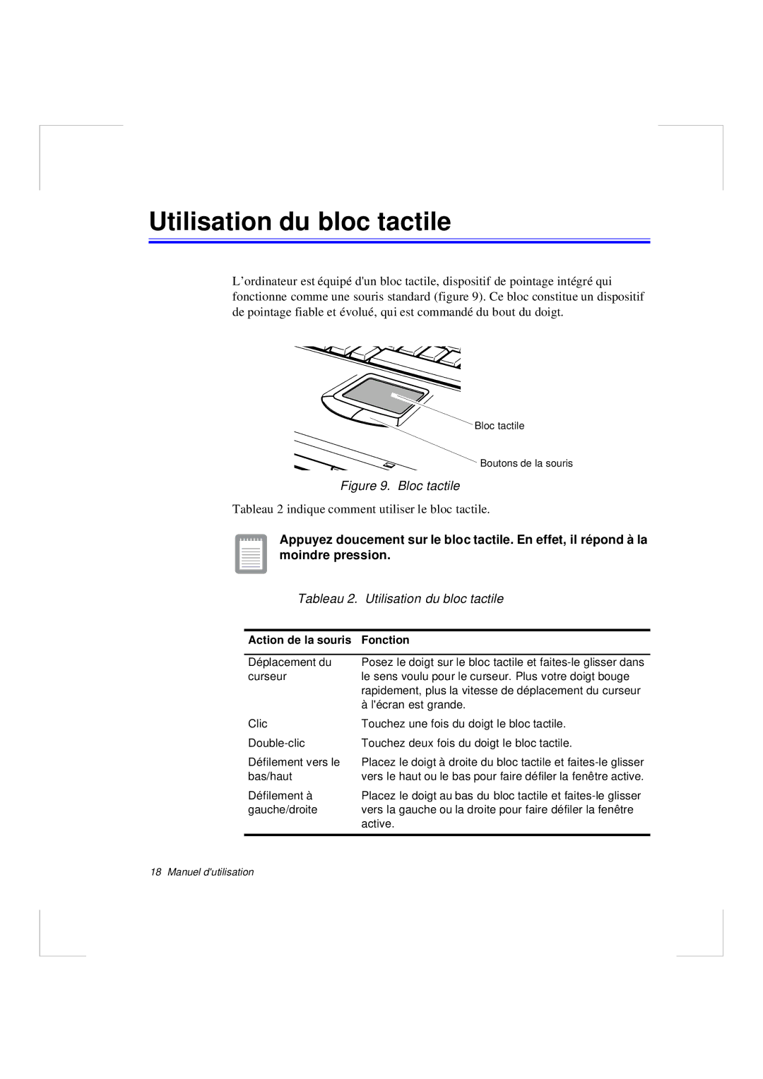 Samsung N640CP4007/SEF, N640CN2013/SEF, N640GR4001/SEF, N640GP4001/SEF manual Tableau 2. Utilisation du bloc tactile 