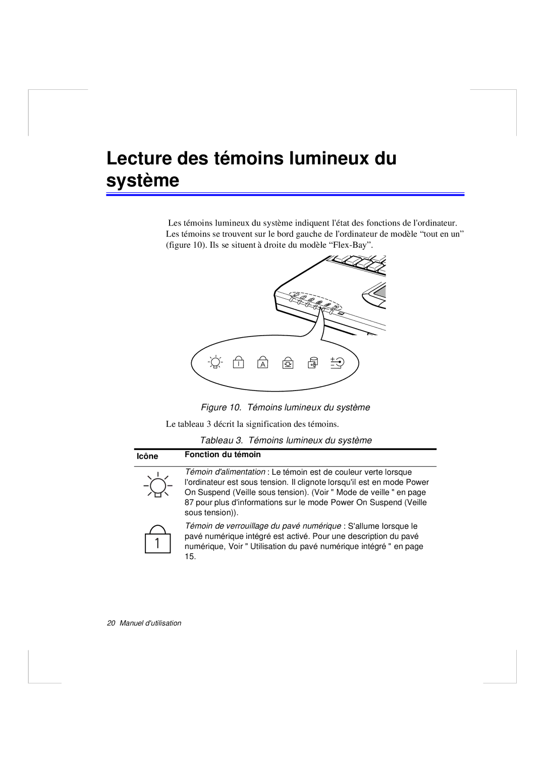 Samsung N640GR4001/SEF, N640CP4007/SEF Lecture des témoins lumineux du système, Tableau 3. Témoins lumineux du système 