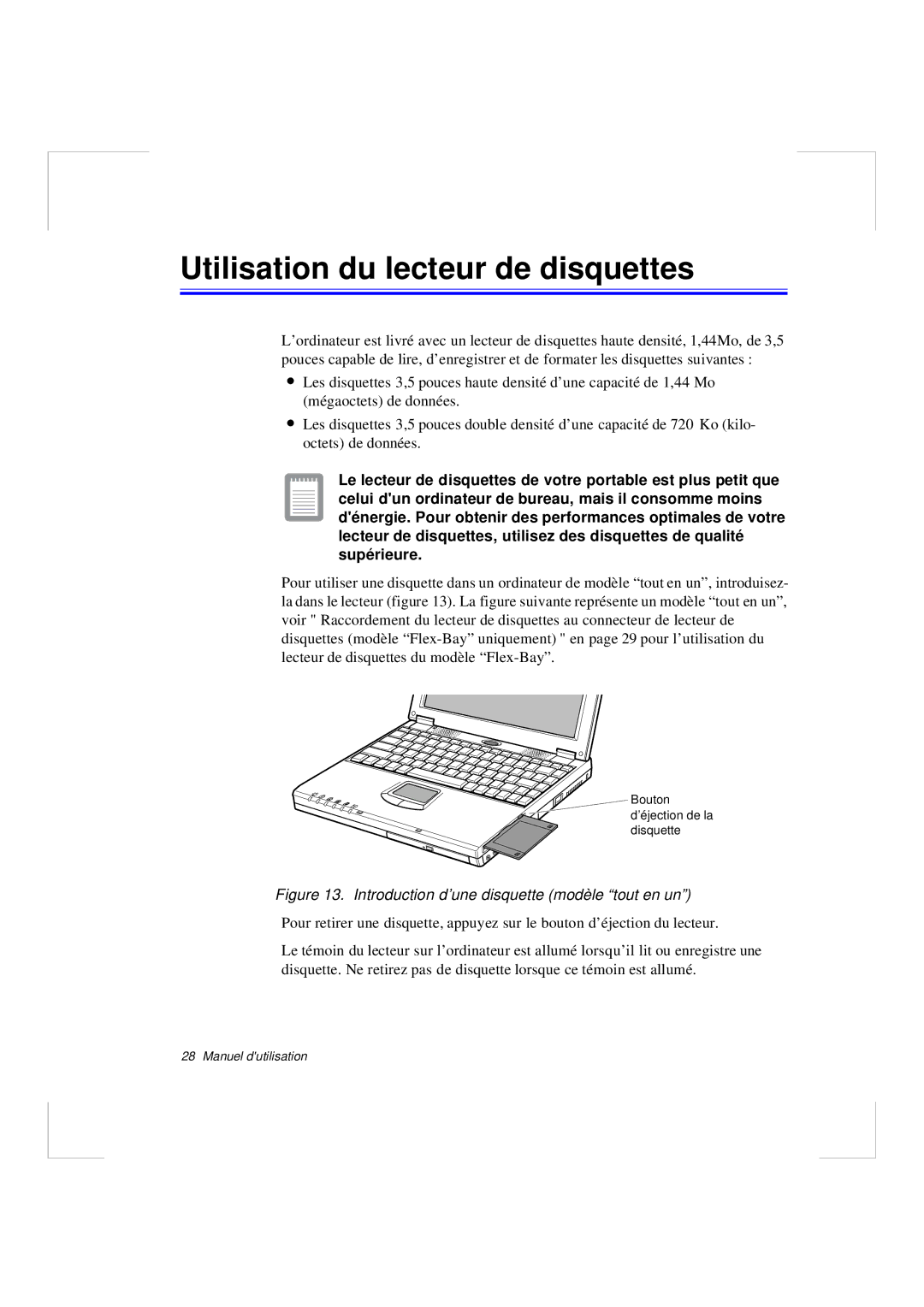 Samsung N640CN2013/SEF manual Utilisation du lecteur de disquettes, Introduction d’une disquette modèle tout en un 