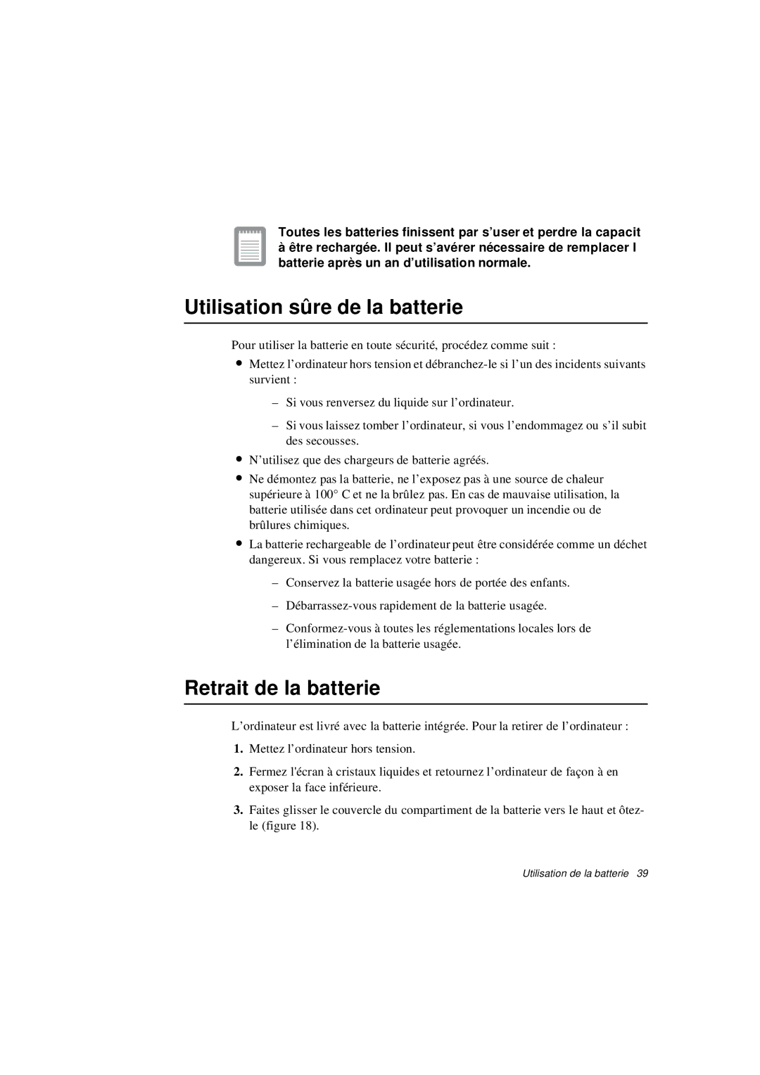 Samsung N640GP4001/SEF, N640CP4007/SEF, N640CN2013/SEF manual Utilisation sûre de la batterie, Retrait de la batterie 