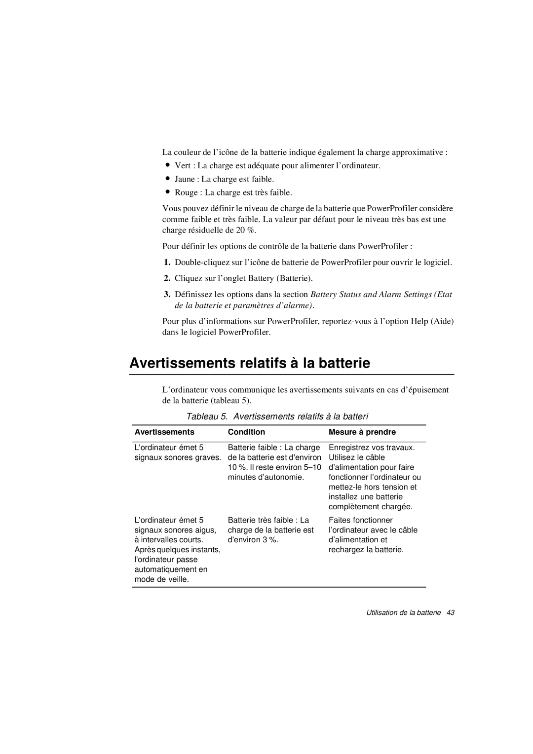 Samsung N640CP2004/SEF manual Avertissements relatifs à la batterie, Tableau 5. Avertissements relatifs à la batteri 