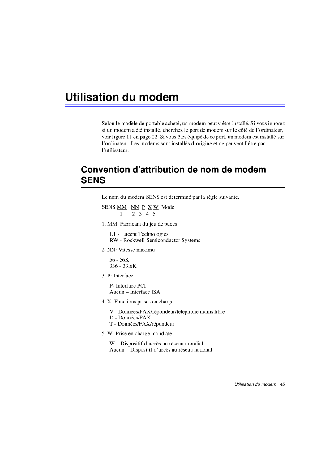 Samsung N640CP4007/SEF, N640CN2013/SEF, N640GR4001/SEF manual Utilisation du modem, Convention dattribution de nom de modem 