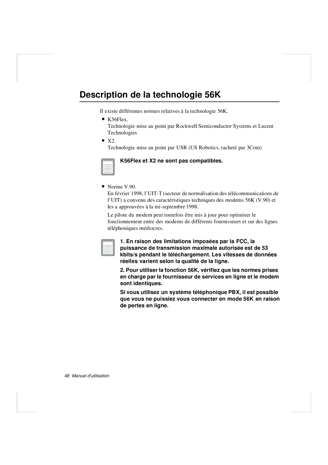 Samsung N640GP4001/SEF, N640CP4007/SEF manual Description de la technologie 56K, K56Flex et X2 ne sont pas compatibles 