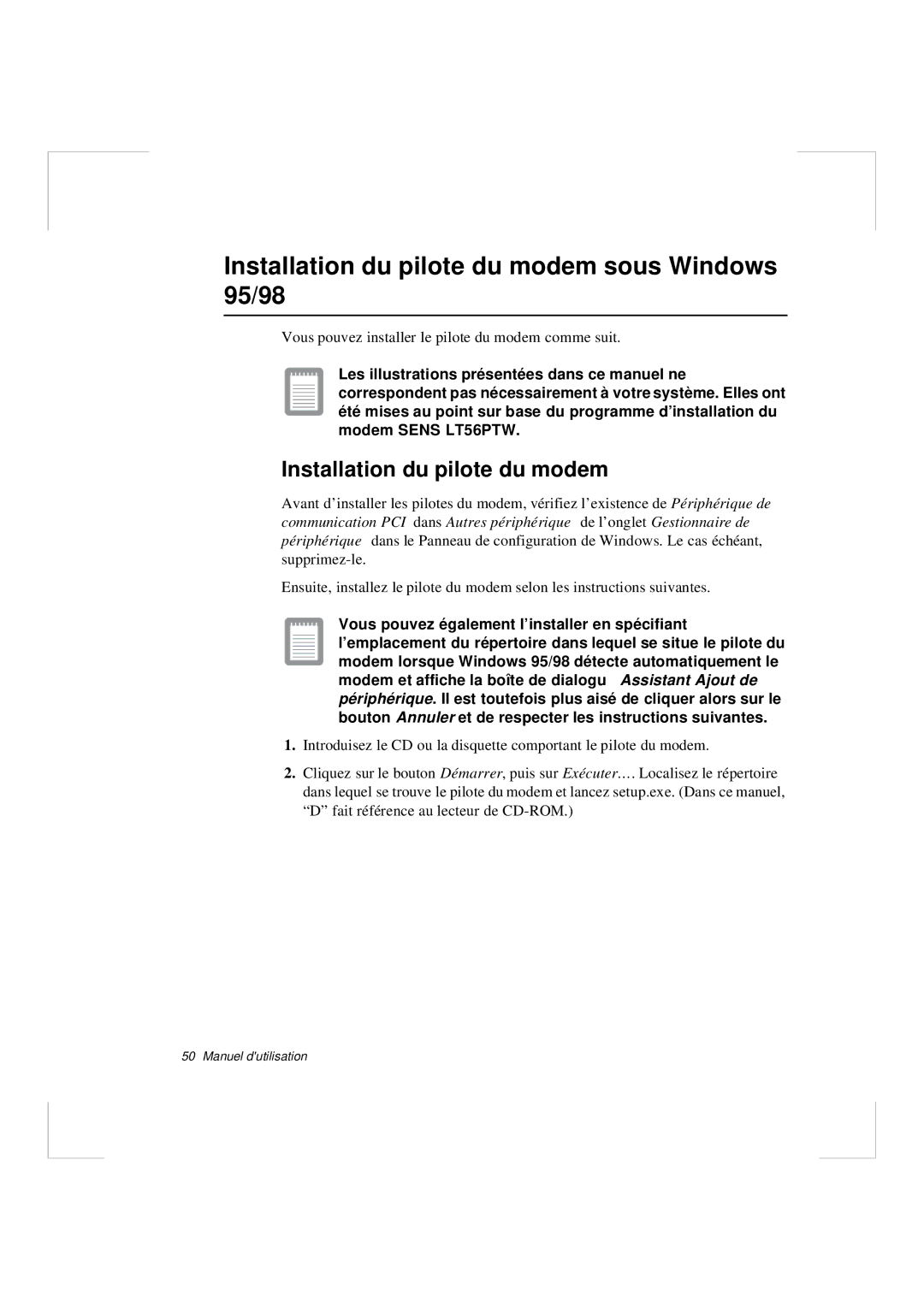 Samsung N640GR4002/SEF, N640CP4007/SEF, N640CN2013/SEF, N640GR4001/SEF Installation du pilote du modem sous Windows 95/98 