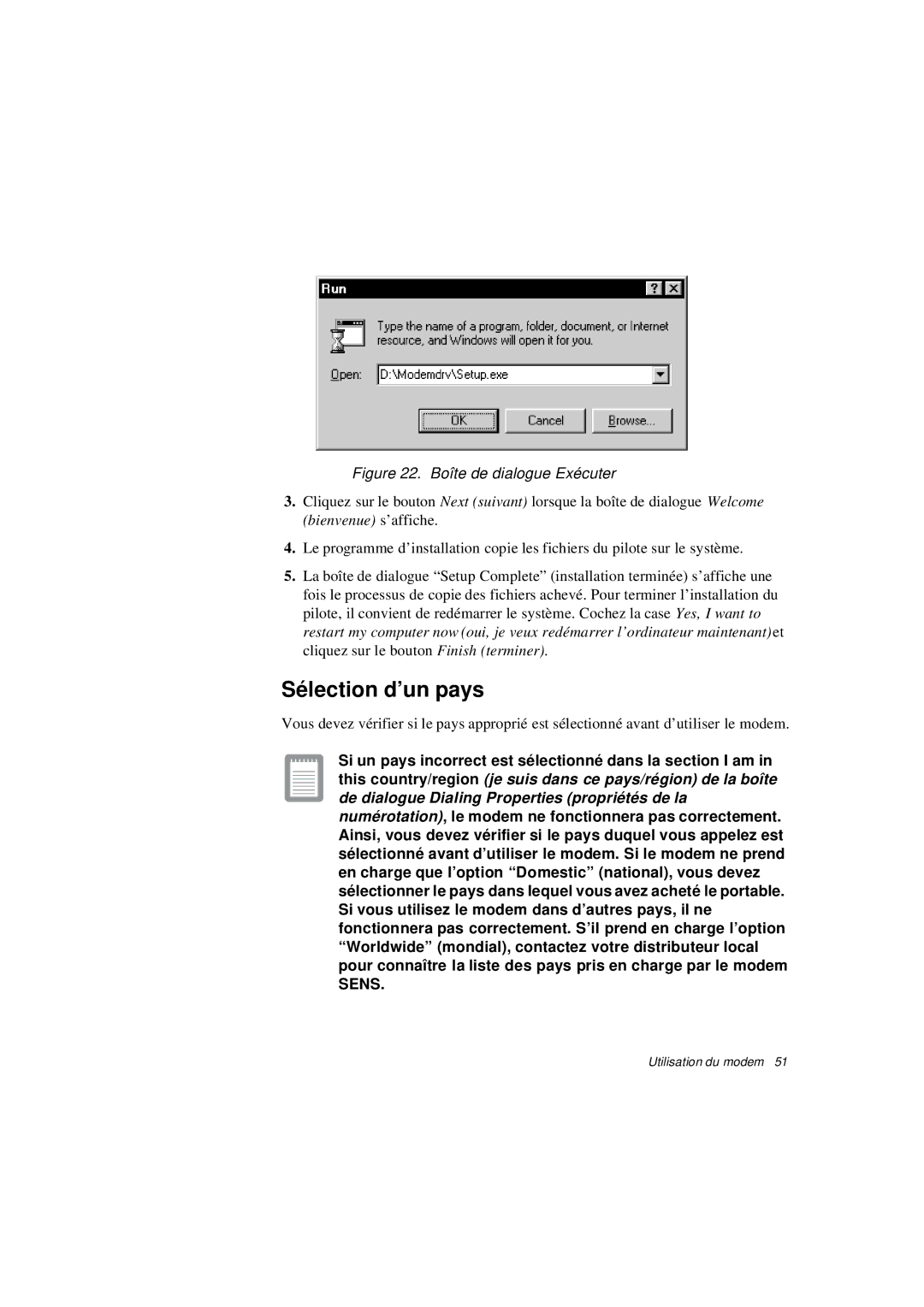 Samsung N640CP4008/SEF, N640CP4007/SEF, N640CN2013/SEF, N640GR4001/SEF manual Sélection d’un pays, Boîte de dialogue Exécuter 