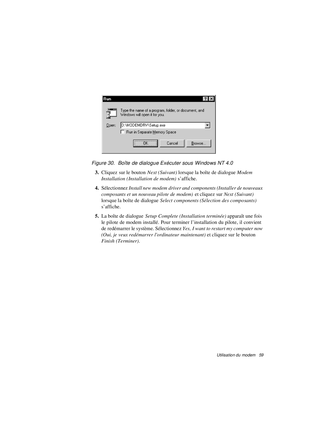 Samsung N640GR4002/SEF, N640CP4007/SEF, N640CN2013/SEF, N640GR4001/SEF manual Boîte de dialogue Exécuter sous Windows NT 