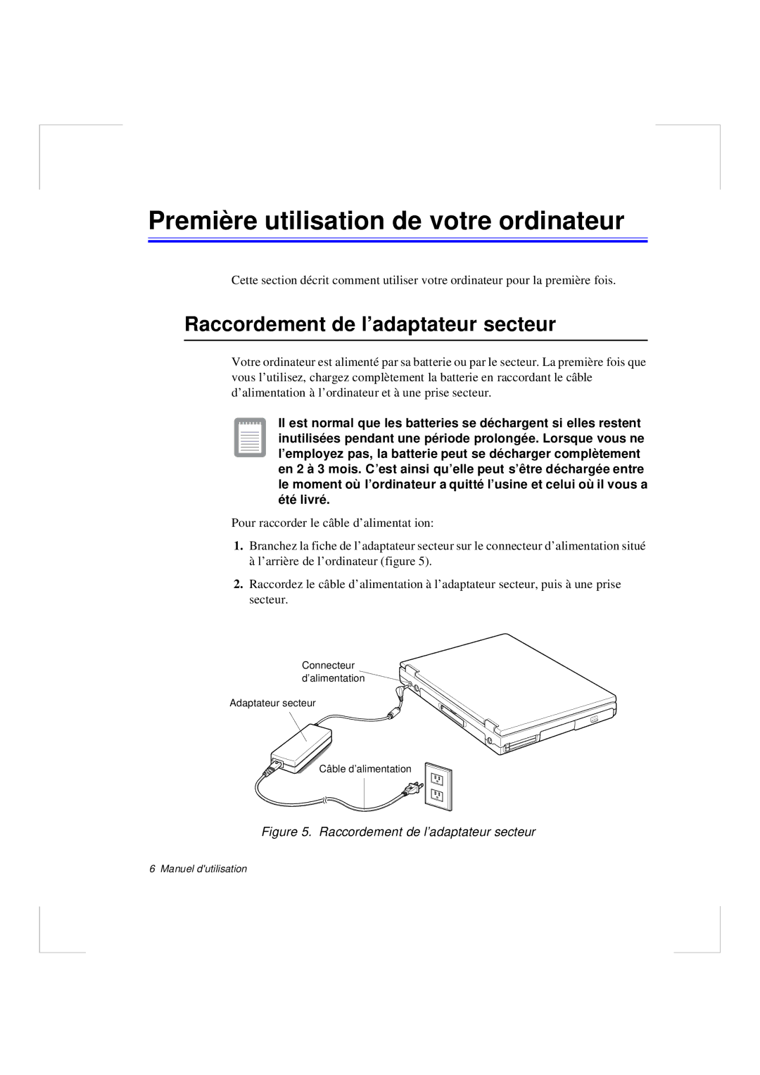 Samsung N640CP4008/SEF, N640CP4007/SEF manual Première utilisation de votre ordinateur, Raccordement de l’adaptateur secteur 