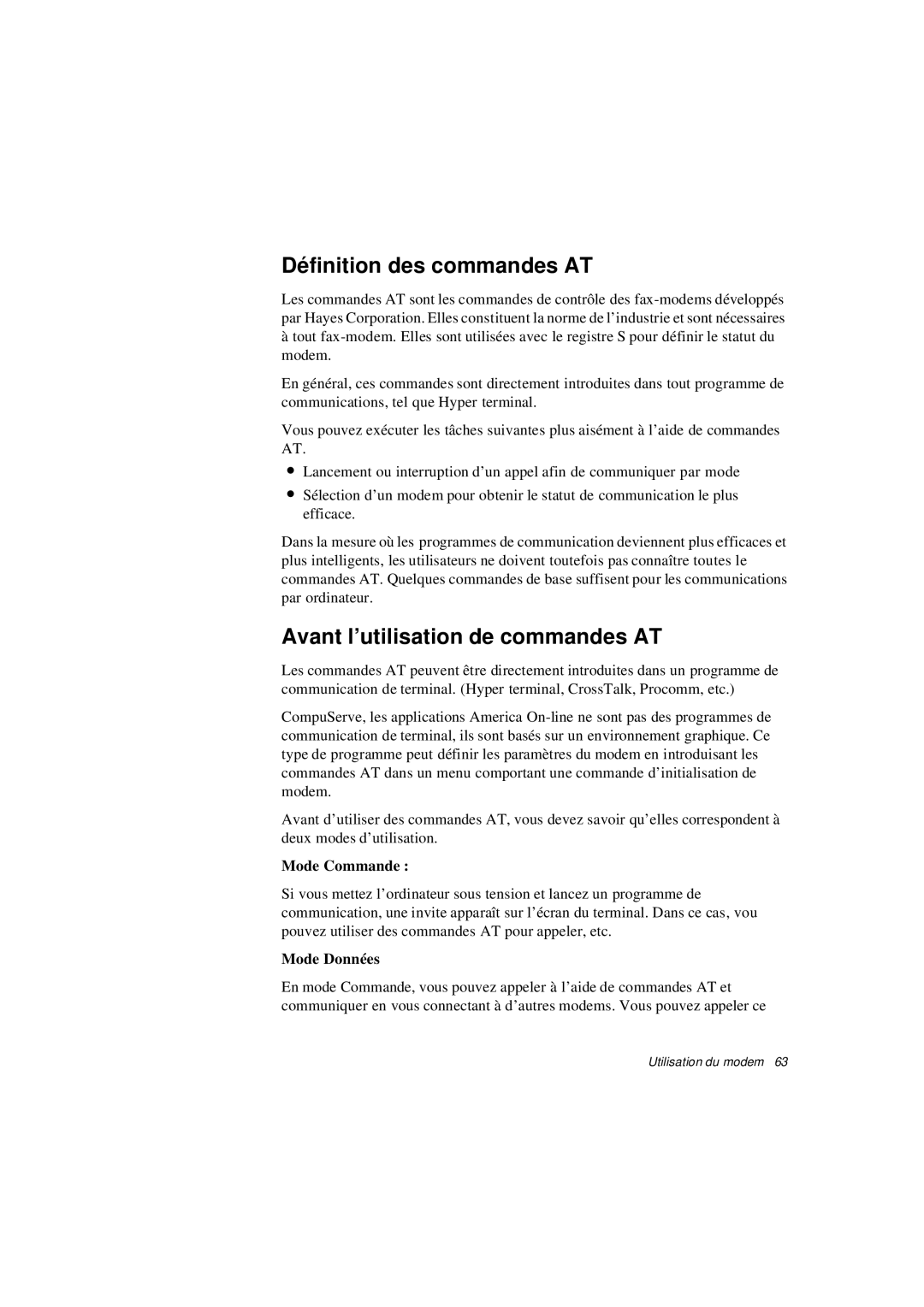 Samsung N640CP4007/SEF manual Définition des commandes AT, Avant l’utilisation de commandes AT, Mode Commande, Mode Données 