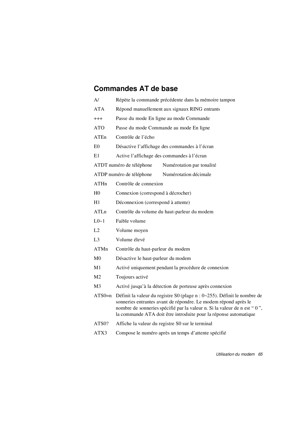 Samsung N640GR4001/SEF, N640CP4007/SEF, N640CN2013/SEF, N640GP4001/SEF, N640CN2011/SEF manual Commandes AT de base, Ato 