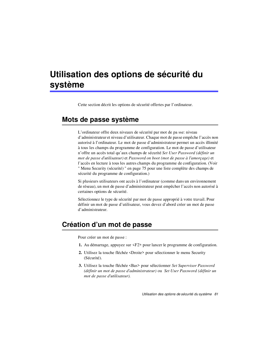 Samsung N640CP4007/SEF Utilisation des options de sécurité du système, Mots de passe système, Création d’un mot de passe 