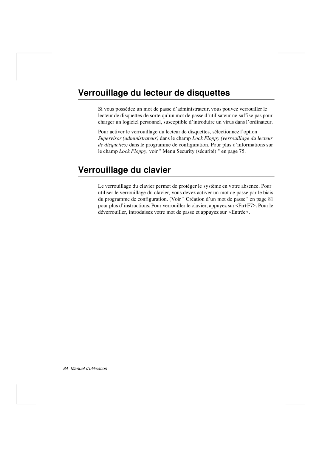 Samsung N640GP4001/SEF, N640CP4007/SEF, N640CN2013/SEF manual Verrouillage du lecteur de disquettes, Verrouillage du clavier 