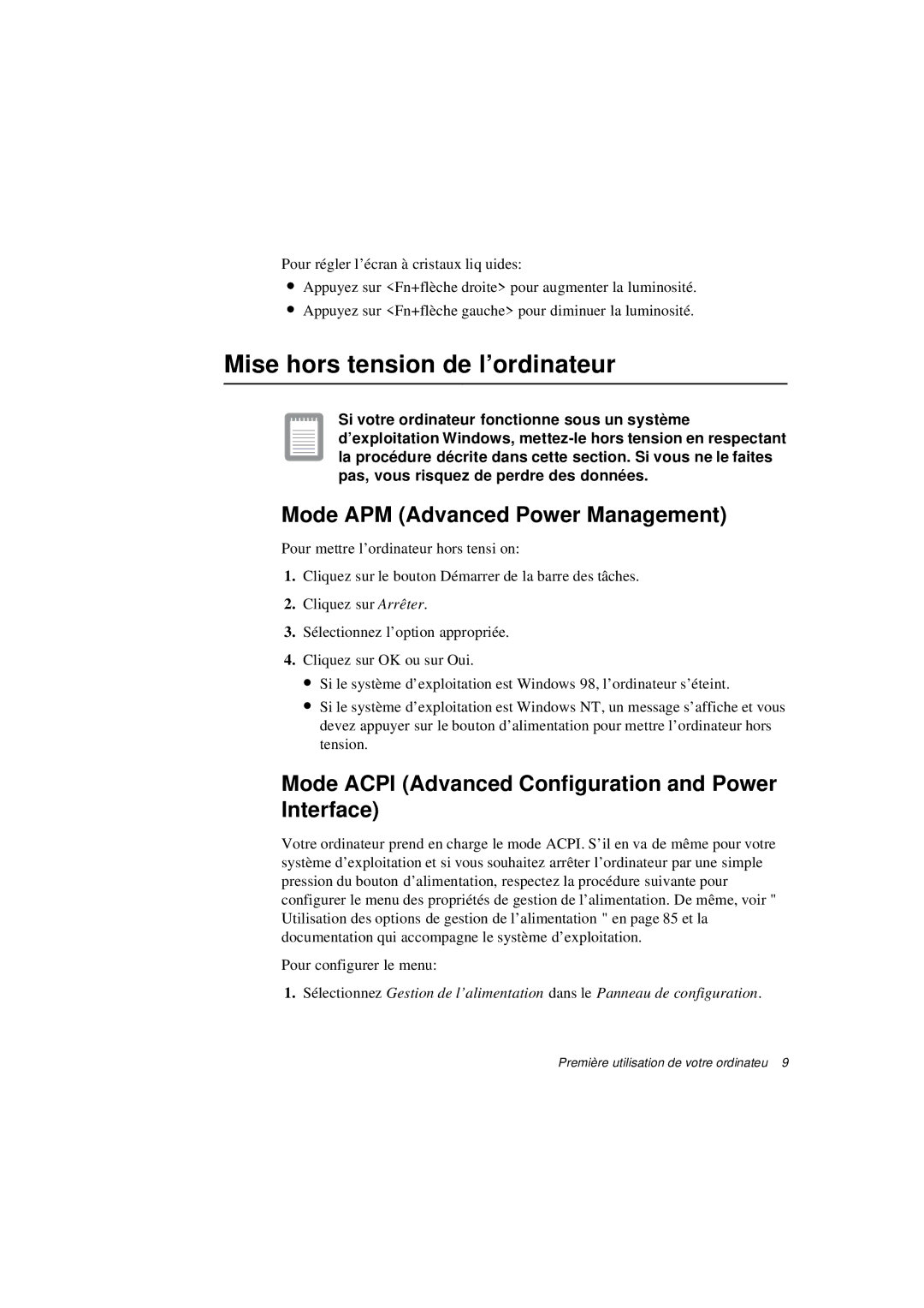 Samsung N640CP4007/SEF, N640CN2013/SEF manual Mise hors tension de l’ordinateur, Mode APM Advanced Power Management 