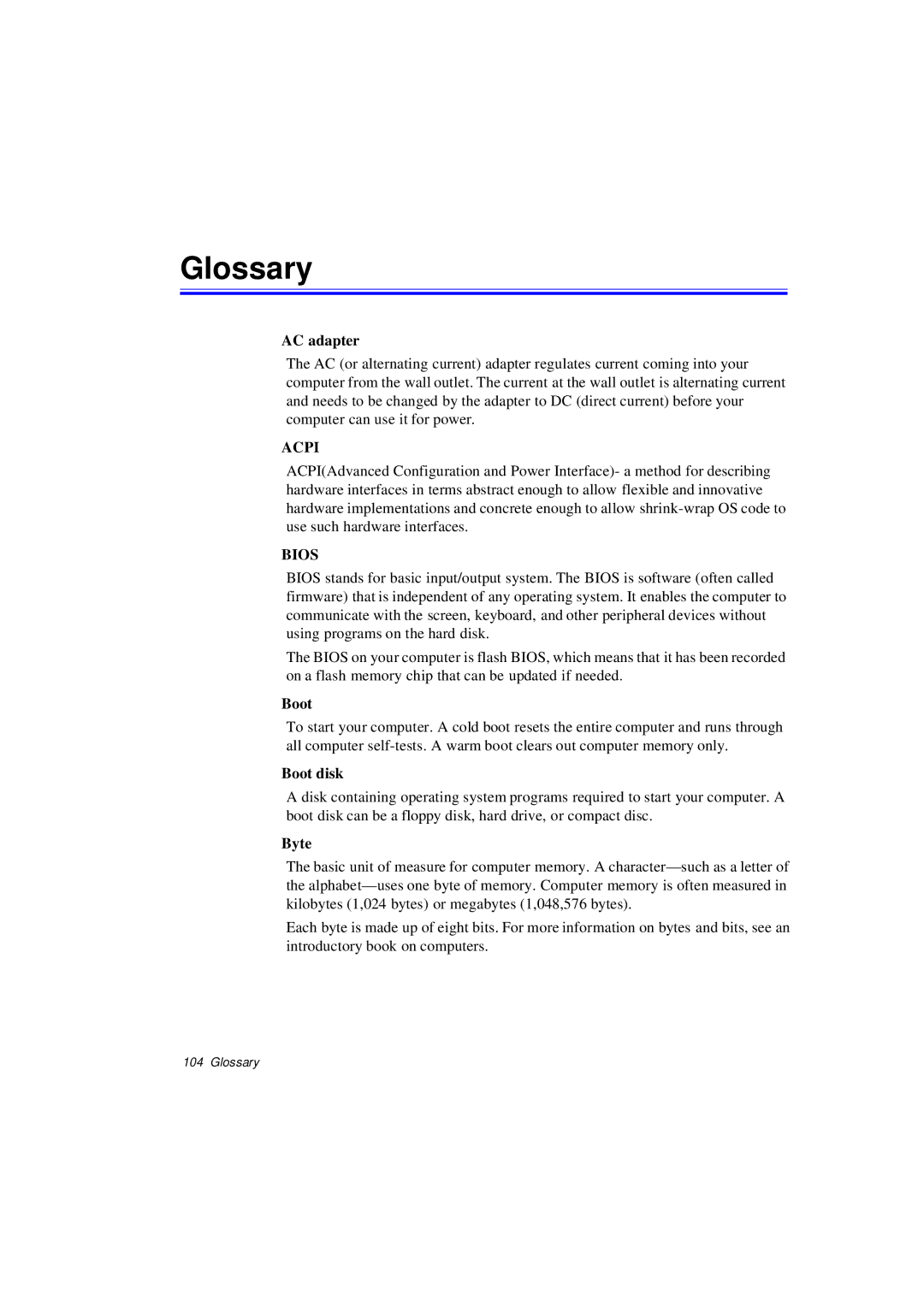 Samsung N640CP4025/EHQ, N640CP4007/SEF, N640CP4024/EHQ, N640CP2006/SEF manual Glossary, AC adapter, Boot disk, Byte 