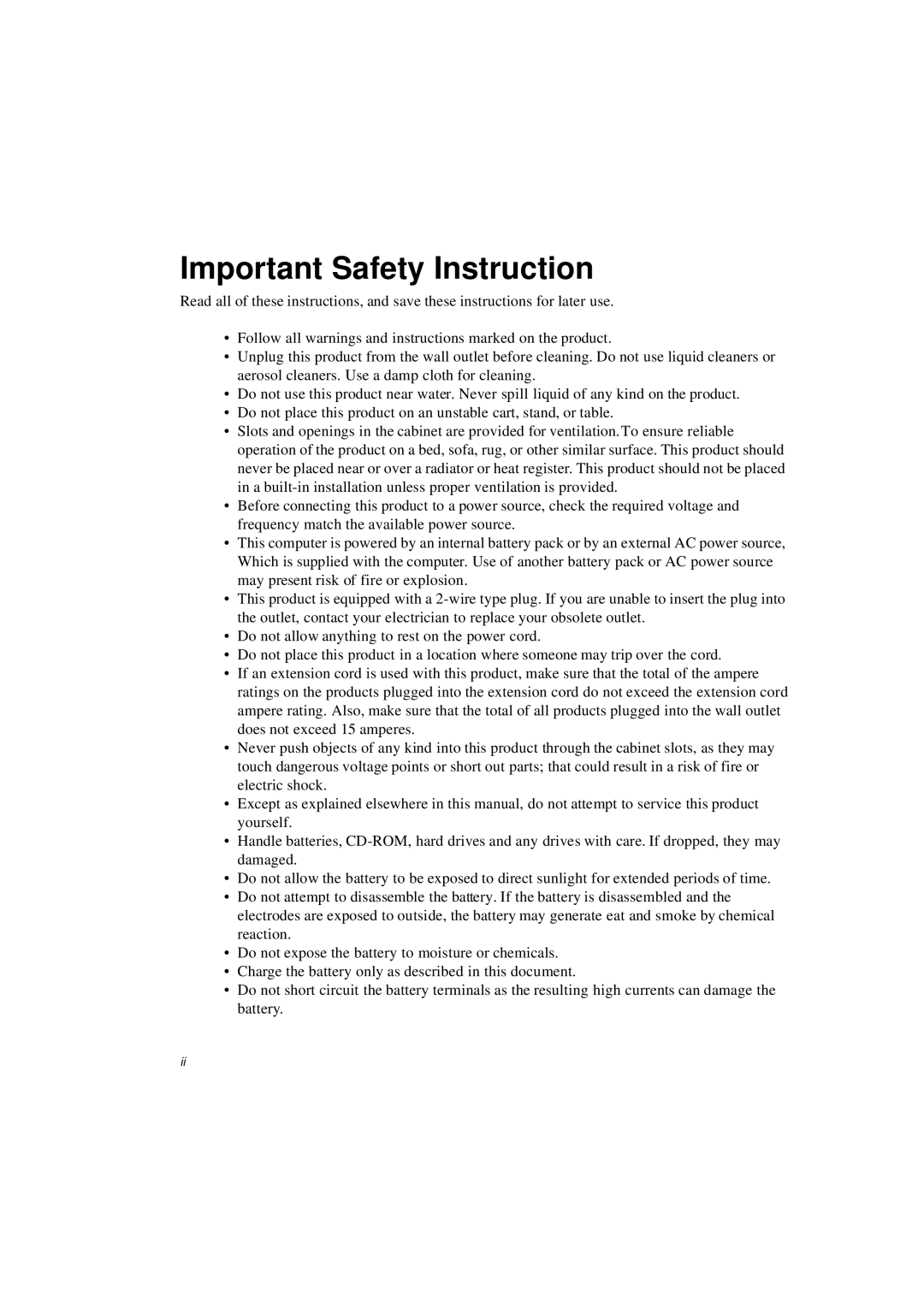 Samsung N640CP4008/SEF, N640CP4007/SEF, N640CP4024/EHQ, N640CP2006/SEF, N640GP4001/SEF manual Important Safety Instruction 