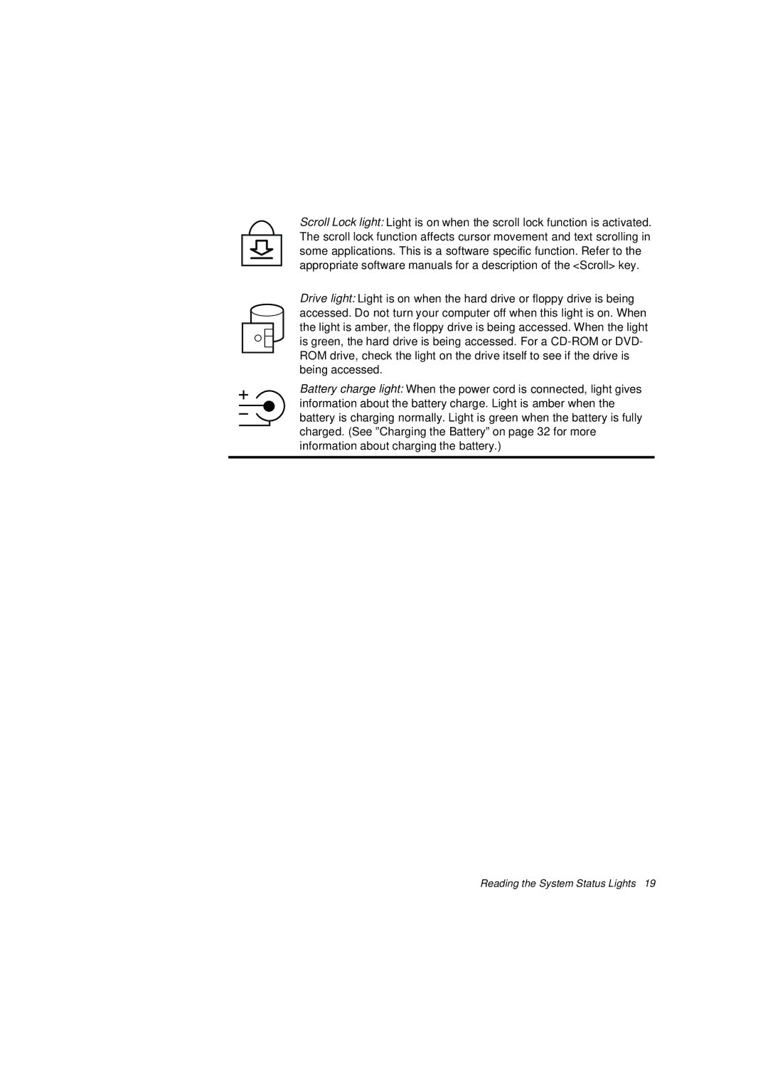 Samsung N640CN2011/SEG, N640CP4007/SEF, N640CP4024/EHQ, N640CP2006/SEF, N640GP4001/SEF manual Reading the System Status Lights 