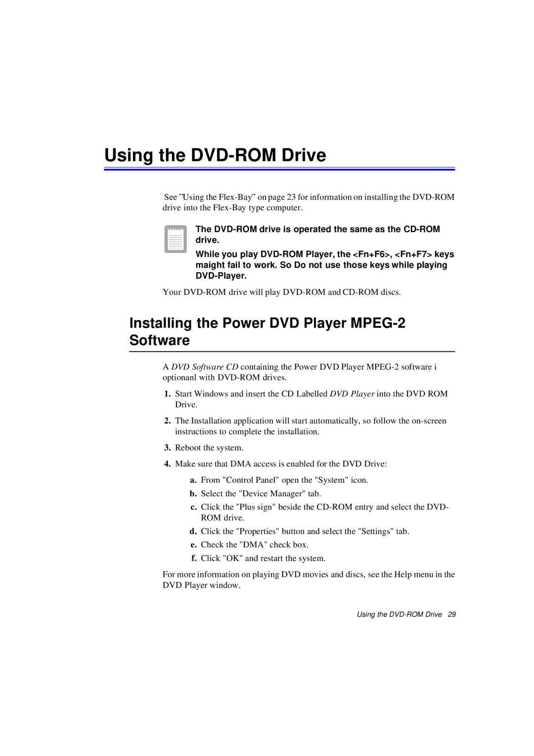 Samsung N640CL2054/EHQ, N640CP4007/SEF manual Using the DVD-ROM Drive, Installing the Power DVD Player MPEG-2 Software 