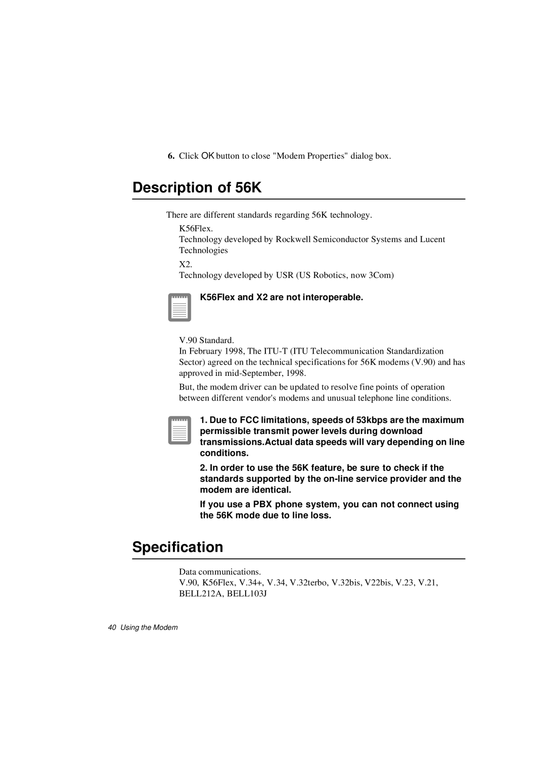 Samsung N640CP4007/SEF, N640CP4024/EHQ, N640CP2006/SEF, N640GP4001/SEF, N640CP4025/EHQ manual Description of 56K, Specification 