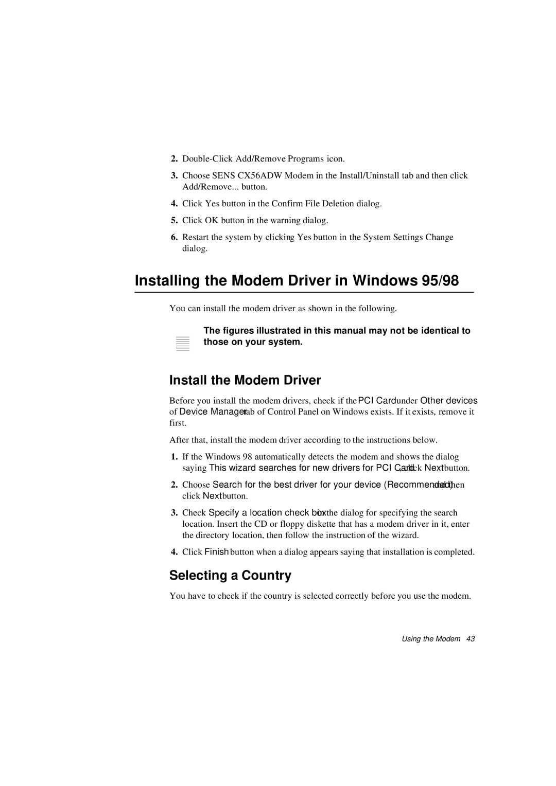 Samsung N640GP4001/SEF, N640CP4007/SEF, N640CP4024/EHQ, N640CP2006/SEF manual Installing the Modem Driver in Windows 95/98 