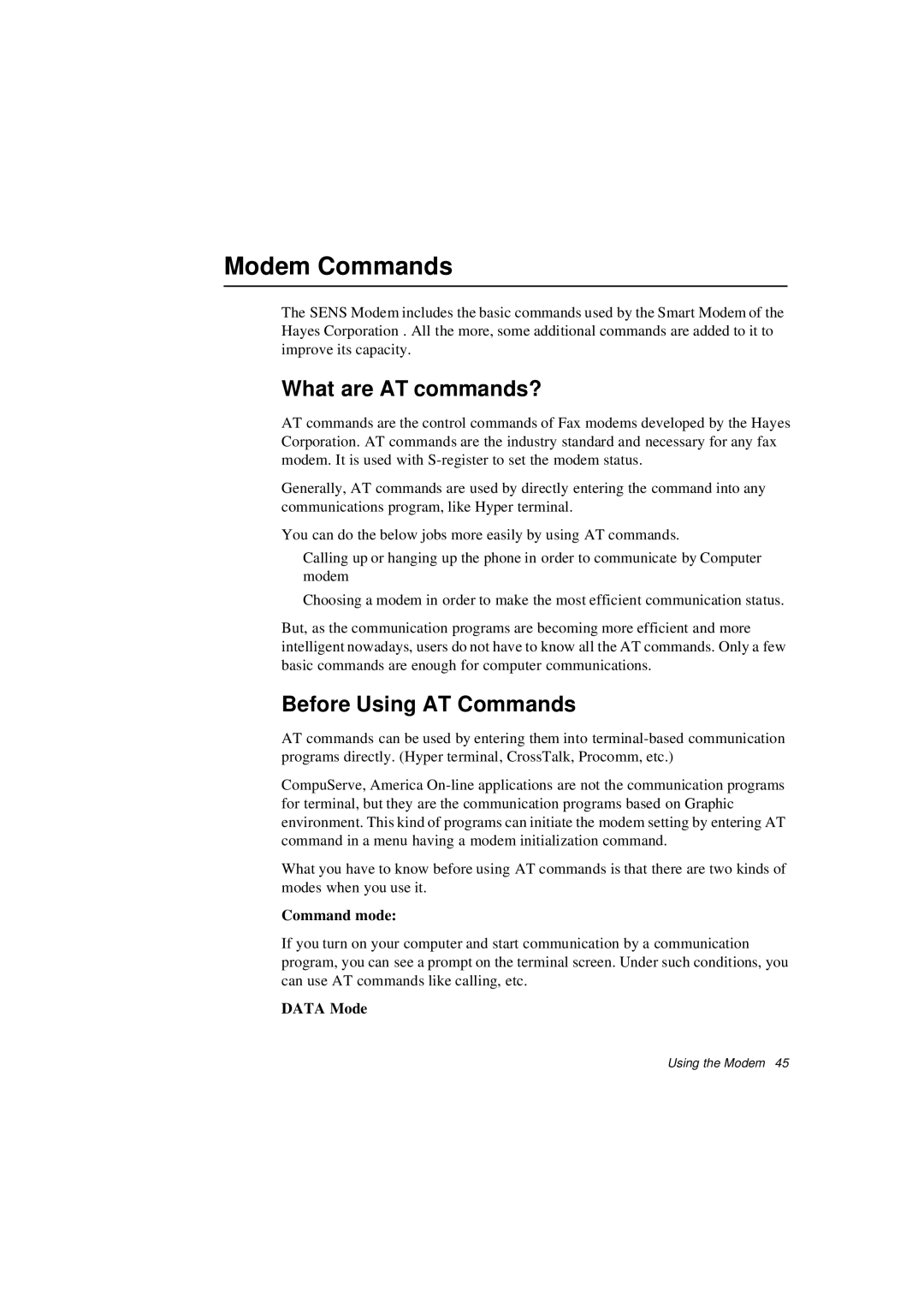 Samsung N640CP2024/EHQ manual Modem Commands, What are AT commands?, Before Using AT Commands, Command mode, Data Mode 