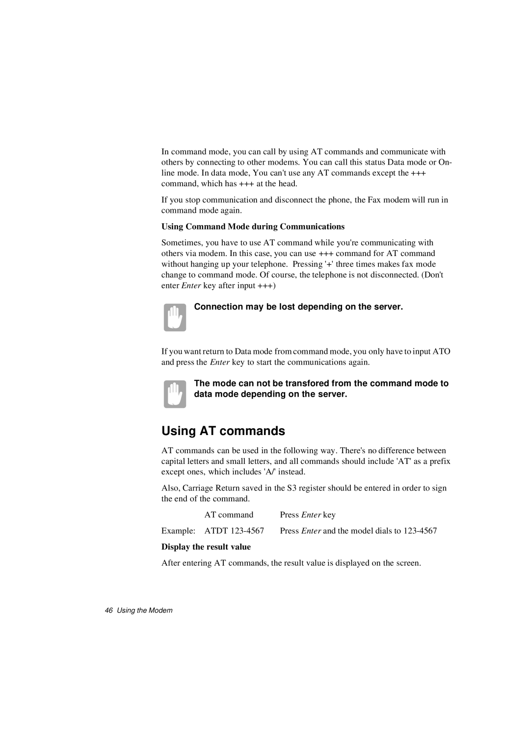 Samsung N640CN2024/EHQ manual Using AT commands, Using Command Mode during Communications, Display the result value 