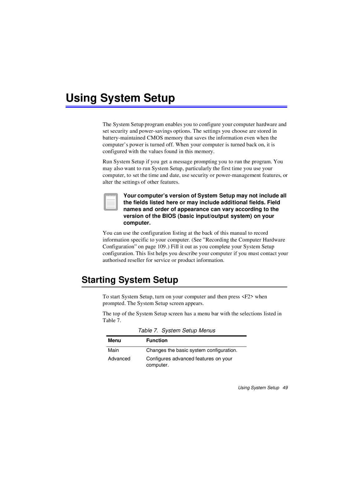 Samsung N640CL2054/EHQ, N640CP4007/SEF manual Using System Setup, Starting System Setup, System Setup Menus, Menu Function 