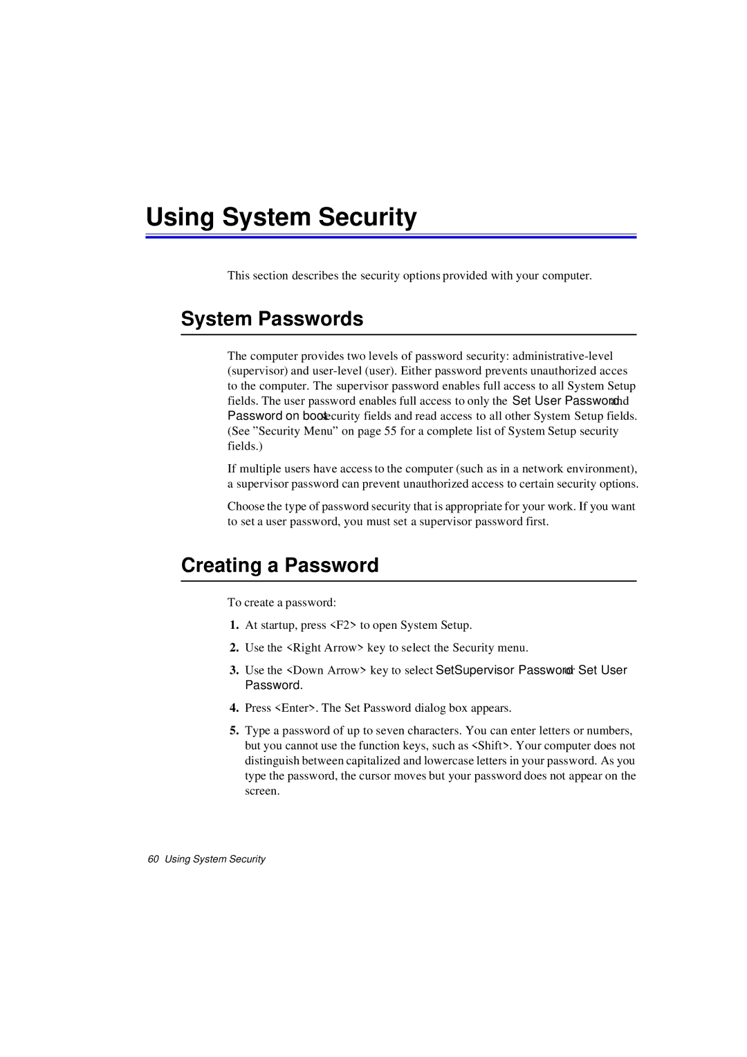 Samsung N640CP4007/SEF, N640CP4024/EHQ, N640CP2006/SEF manual Using System Security, System Passwords, Creating a Password 