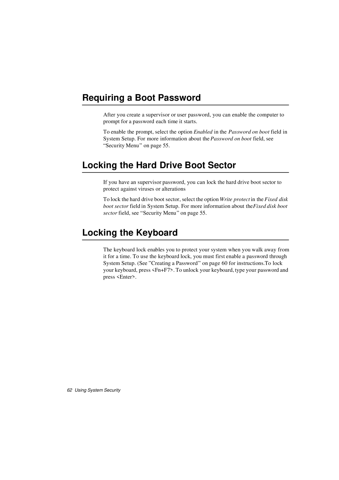 Samsung N640CP2006/SEF, N640CP4007/SEF Requiring a Boot Password, Locking the Hard Drive Boot Sector, Locking the Keyboard 