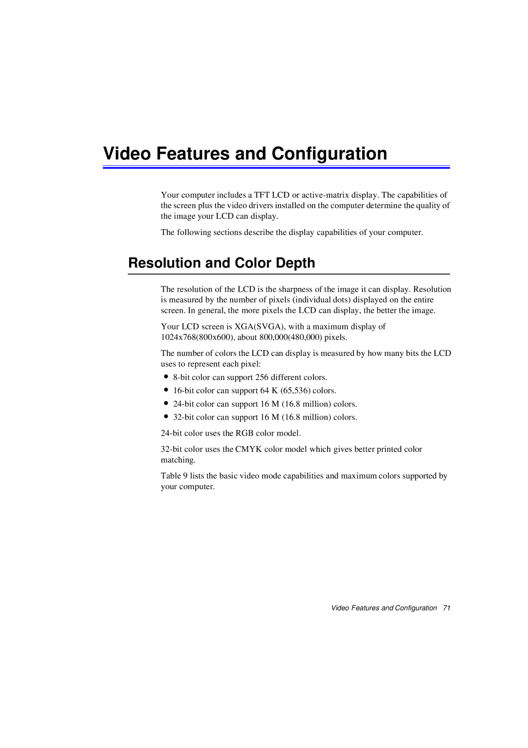 Samsung N640CL2014/EHQ, N640CP4007/SEF, N640CP4024/EHQ manual Video Features and Configuration, Resolution and Color Depth 