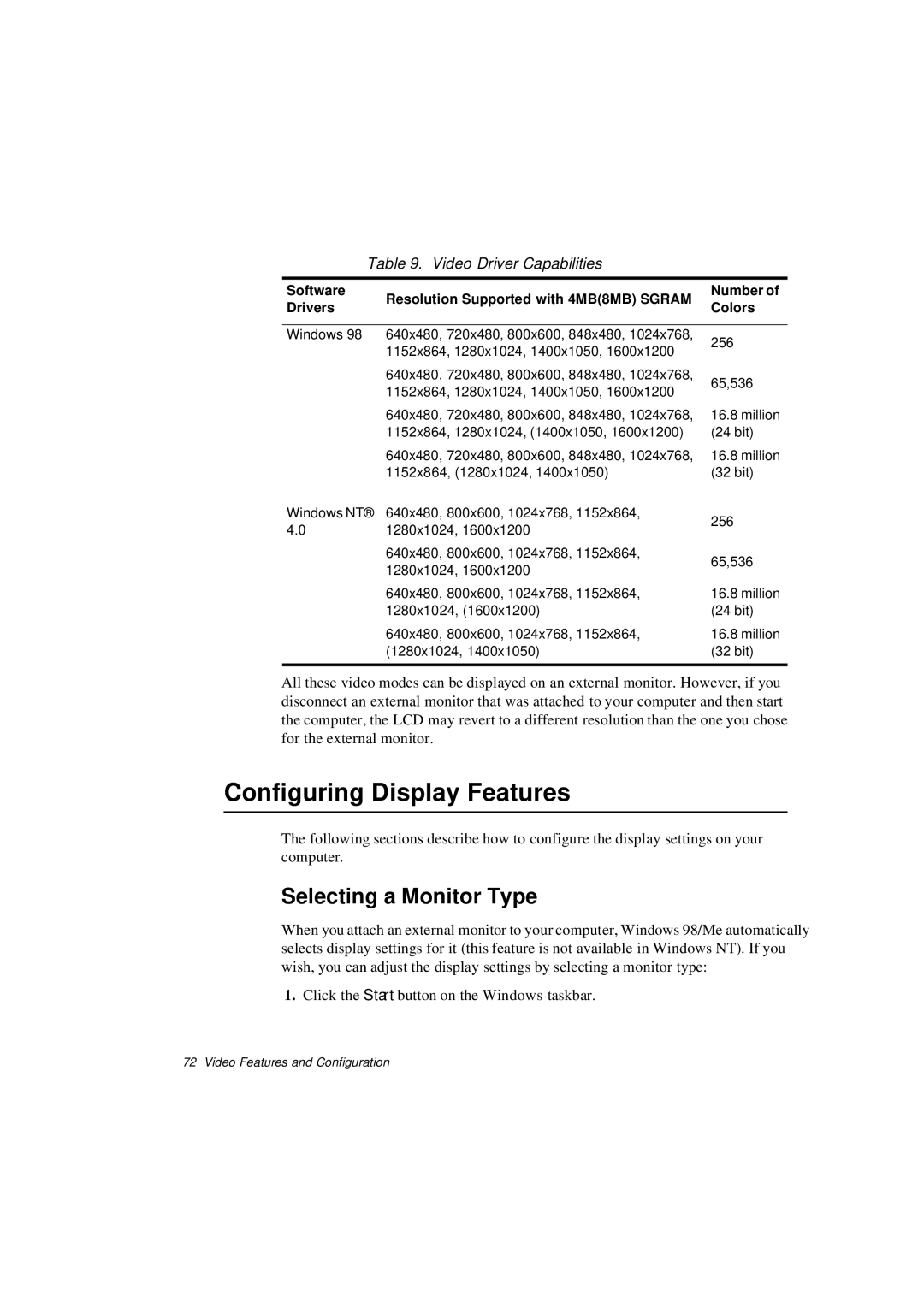 Samsung N640GR4002/SEF, N640CP4007/SEF Configuring Display Features, Selecting a Monitor Type, Video Driver Capabilities 