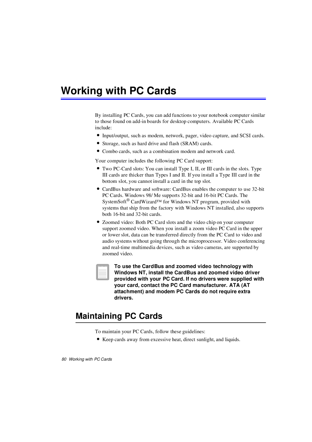 Samsung N640CP4007/SEF, N640CP4024/EHQ, N640CP2006/SEF, N640GP4001/SEF manual Working with PC Cards, Maintaining PC Cards 