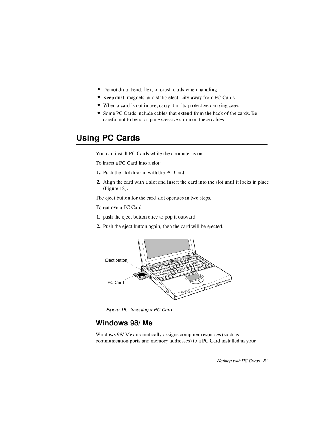 Samsung N640CP4024/EHQ, N640CP4007/SEF, N640CP2006/SEF, N640GP4001/SEF, N640CP4025/EHQ manual Using PC Cards, Windows 98/ Me 