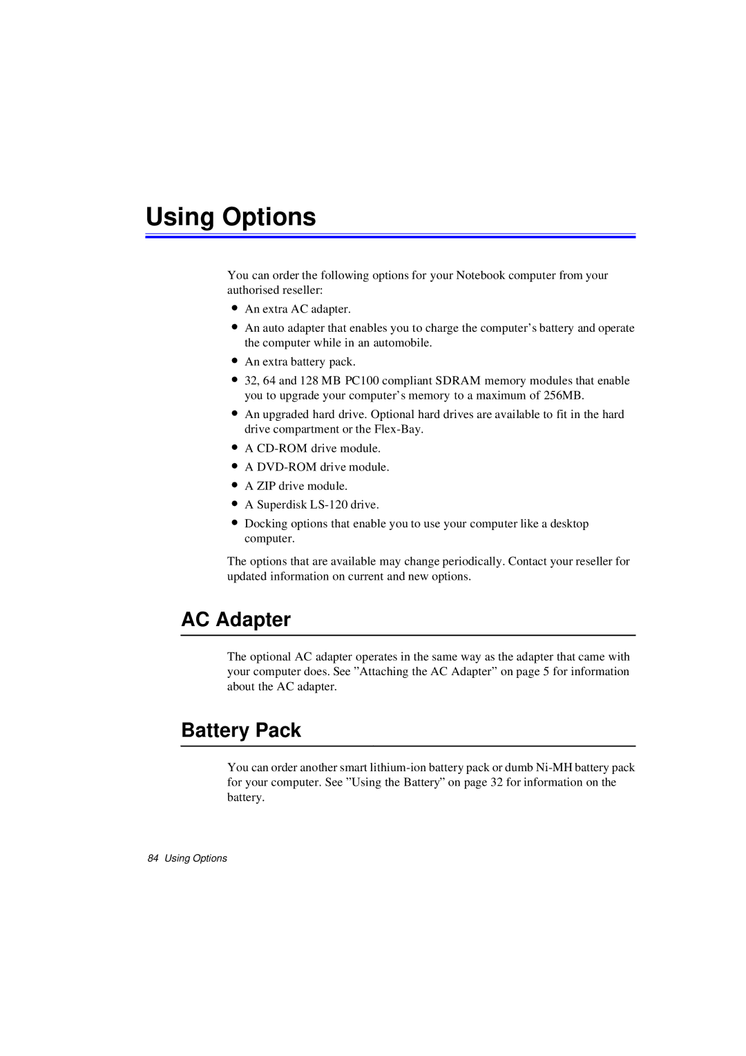 Samsung N640CP4025/EHQ, N640CP4007/SEF, N640CP4024/EHQ, N640CP2006/SEF manual Using Options, AC Adapter, Battery Pack 