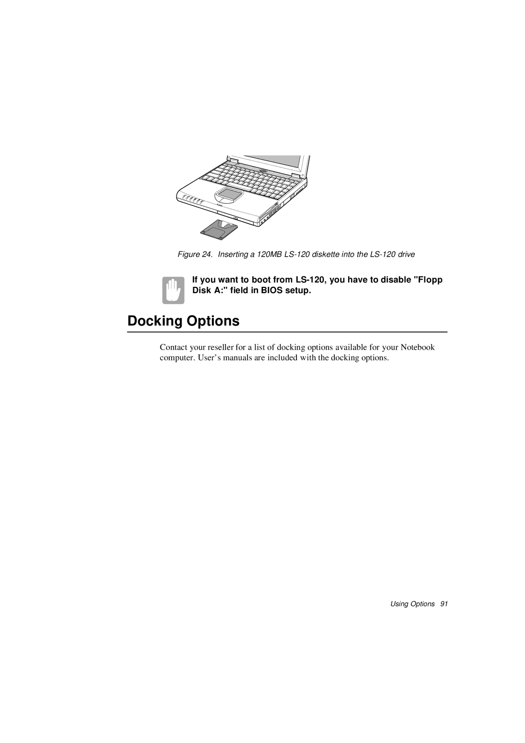 Samsung N640CL2014/EHQ, N640CP4007/SEF manual Docking Options, Inserting a 120MB LS-120 diskette into the LS-120 drive 