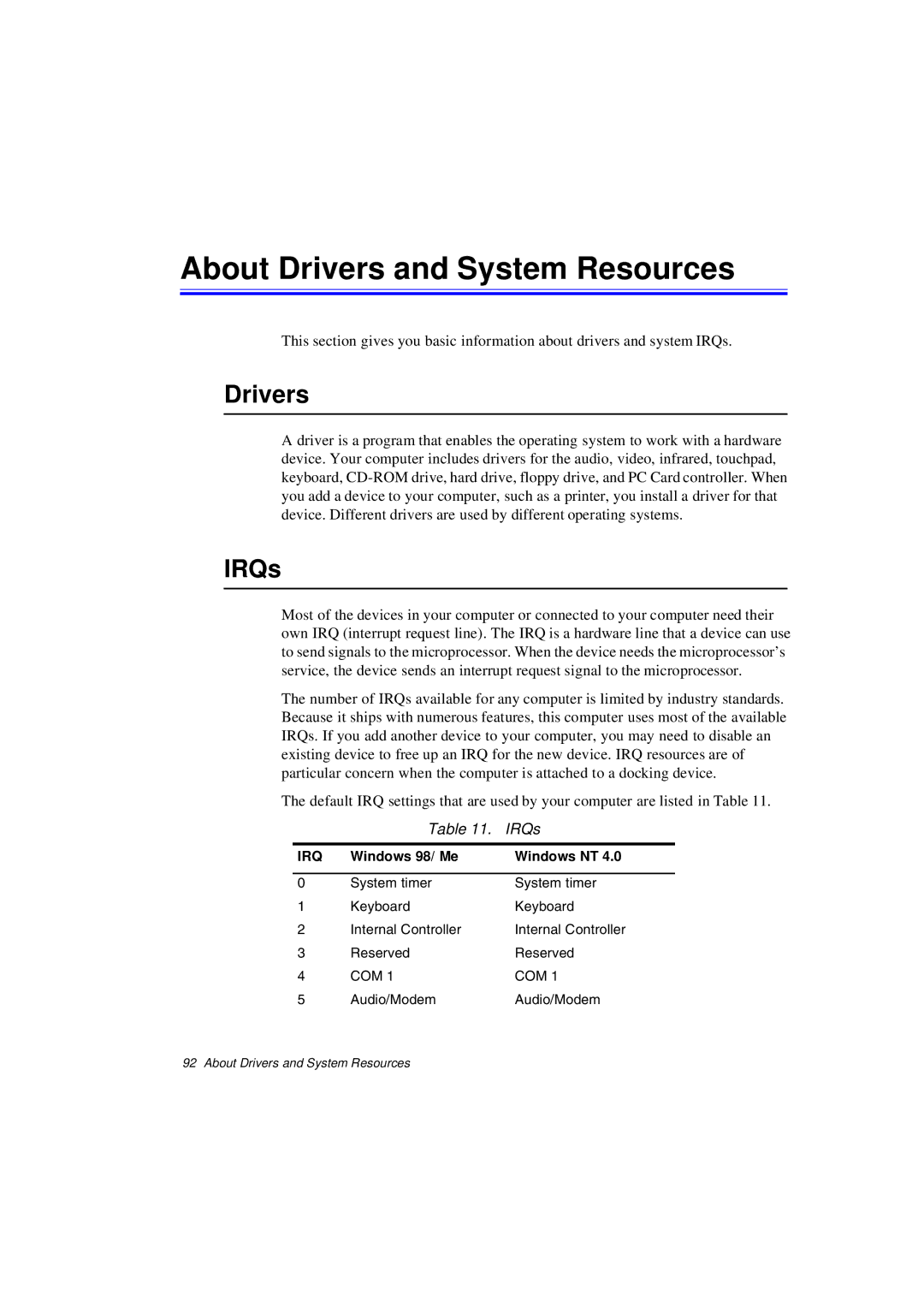 Samsung N640GR4002/SEF, N640CP4007/SEF, N640CP4024/EHQ About Drivers and System Resources, IRQs, Windows 98/ Me Windows NT 