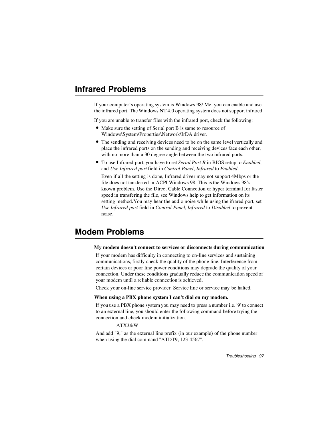 Samsung N640CP2004/SEF manual Infrared Problems, Modem Problems, When using a PBX phone system I cant dial on my modem 