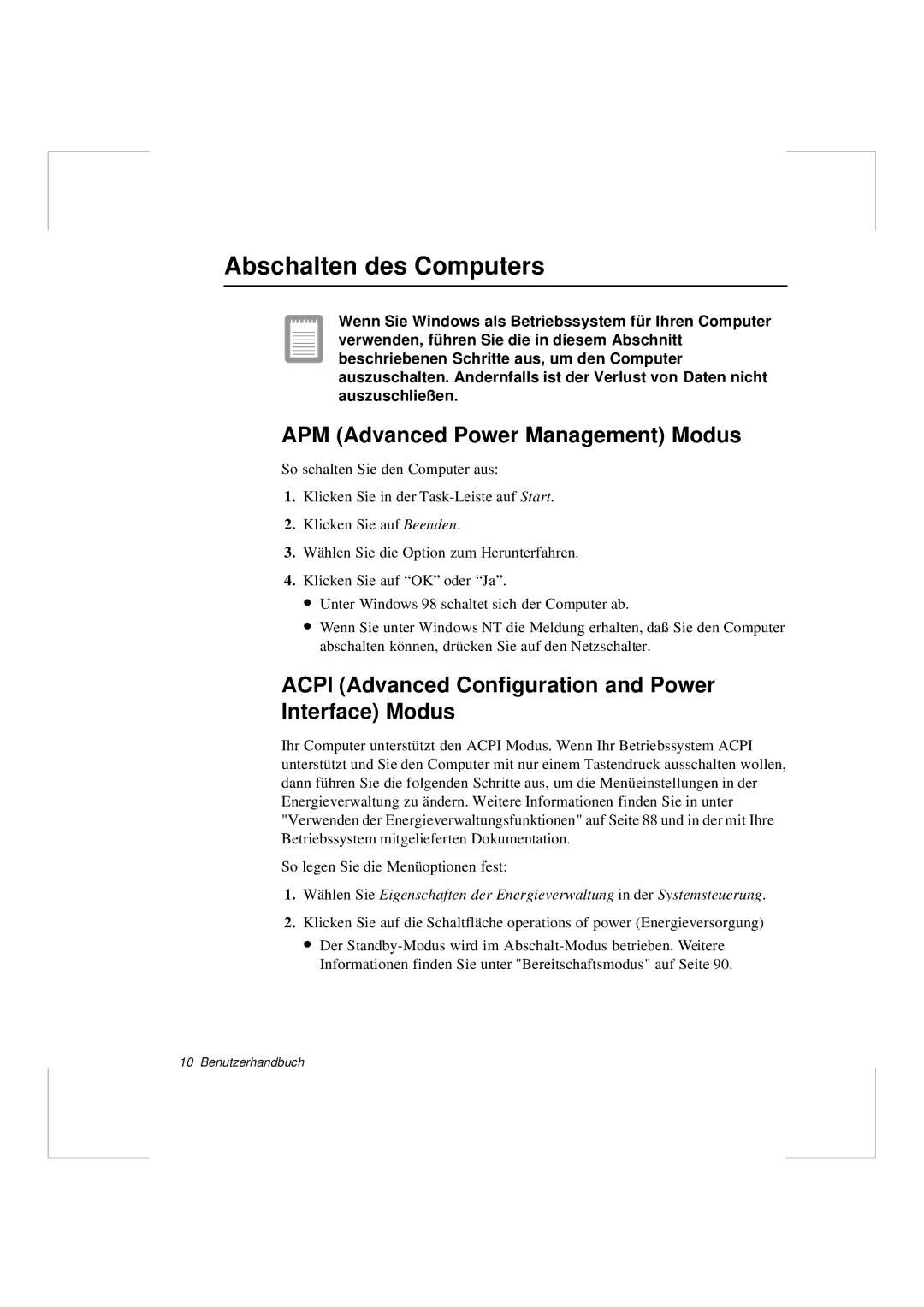 Samsung N640GR4002/SEG, N640CP4007/SEG manual Abschalten des Computers, APM Advanced Power Management Modus 