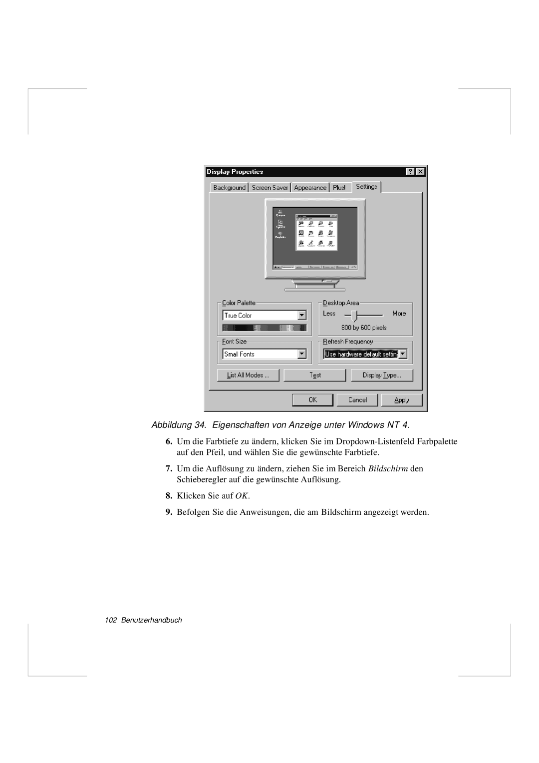 Samsung N640GR4002/SEG, N640CP4007/SEG manual Abbildung 34. Eigenschaften von Anzeige unter Windows NT 