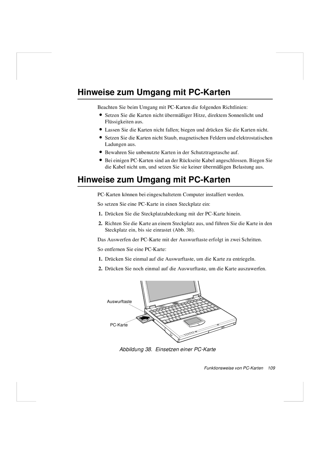 Samsung N640CP4007/SEG, N640GR4002/SEG manual Hinweise zum Umgang mit PC-Karten, Abbildung 38. Einsetzen einer PC-Karte 