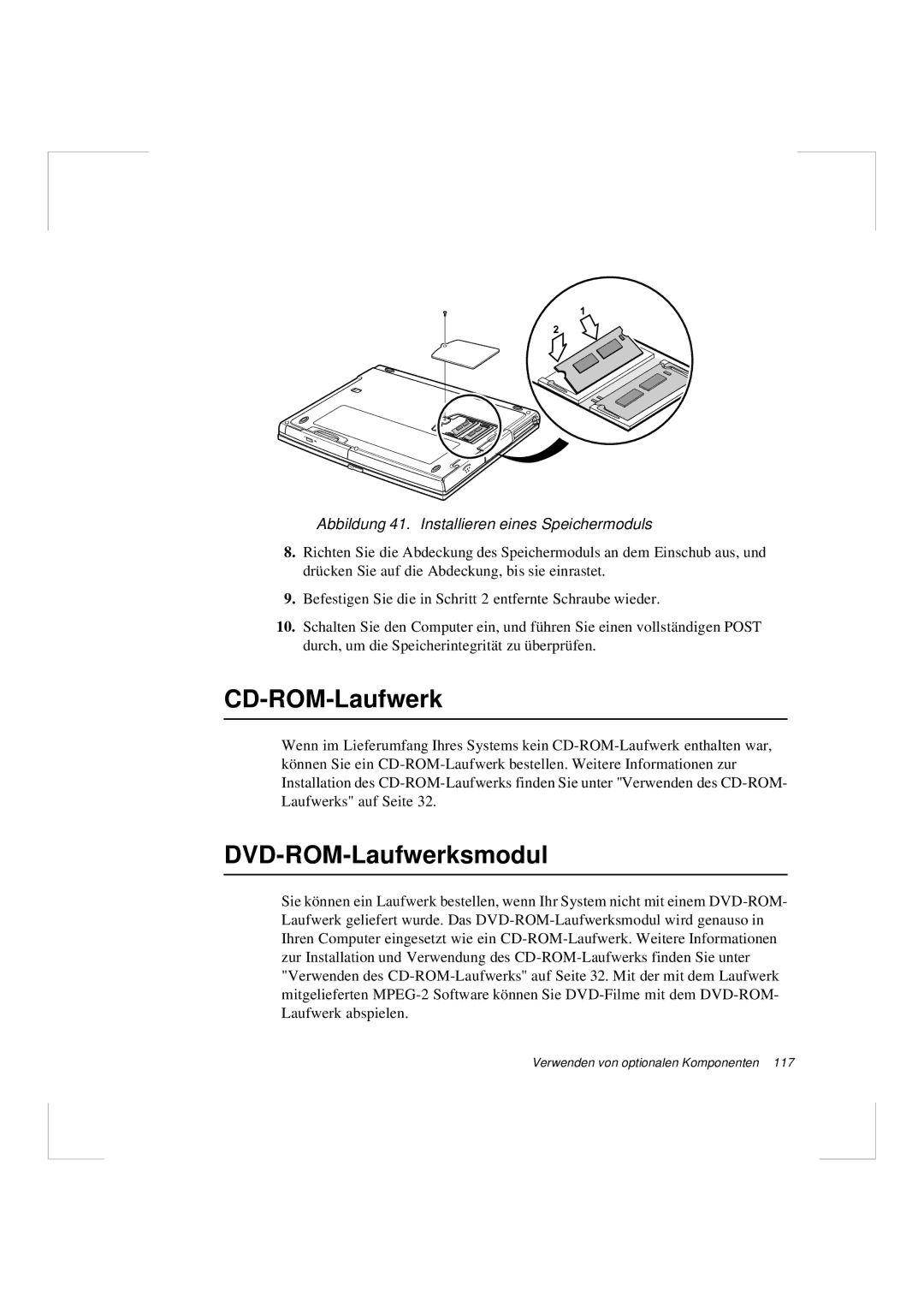 Samsung N640CP4007/SEG manual CD-ROM-Laufwerk, DVD-ROM-Laufwerksmodul, Abbildung 41. Installieren eines Speichermoduls 