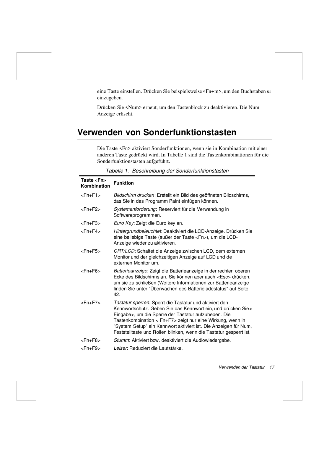 Samsung N640CP4007/SEG manual Verwenden von Sonderfunktionstasten, Tabelle 1. Beschreibung der Sonderfunktionstasten 