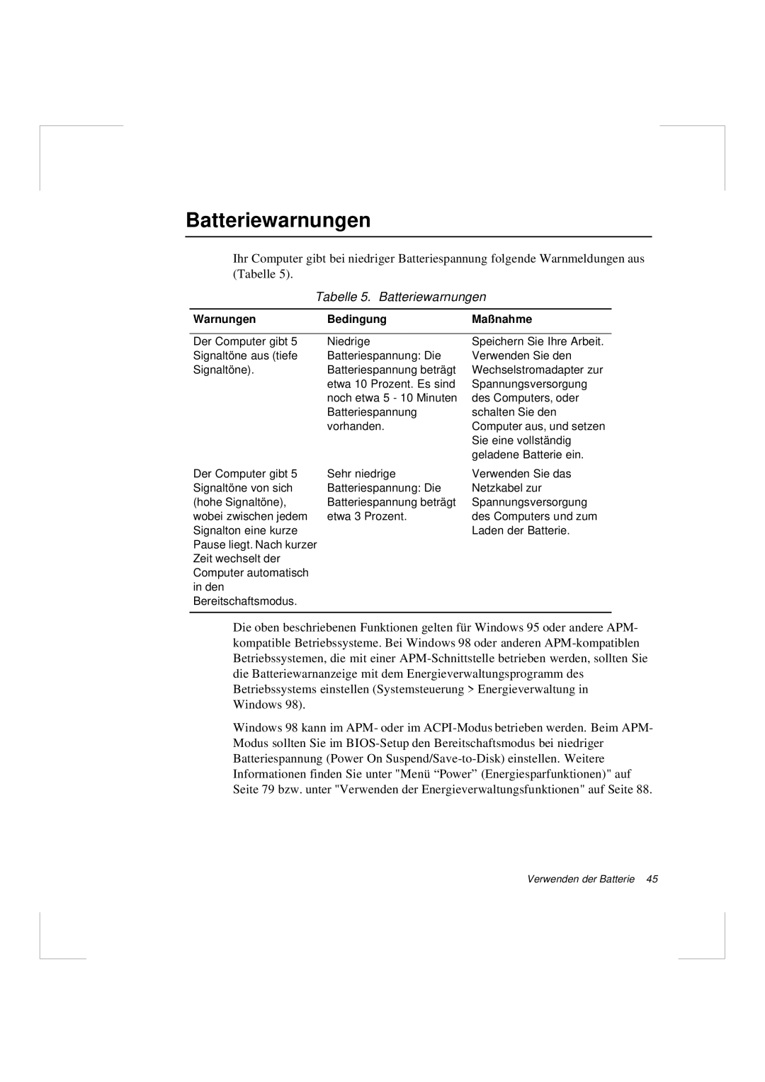 Samsung N640CP4007/SEG, N640GR4002/SEG manual Tabelle 5. Batteriewarnungen 