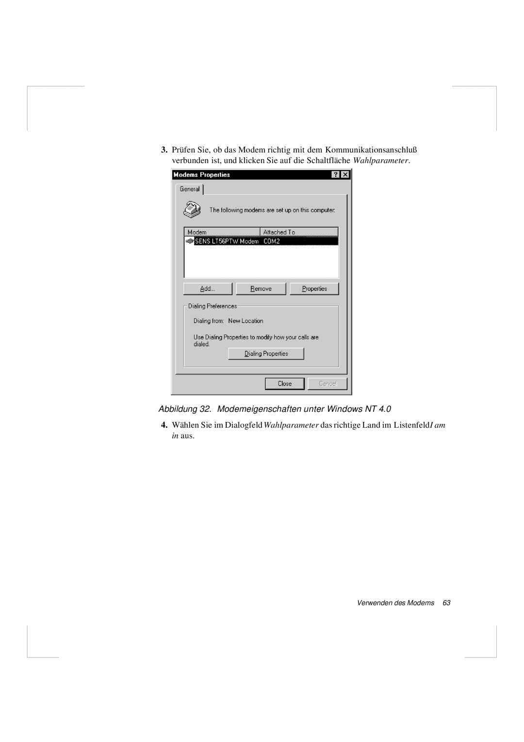 Samsung N640CP4007/SEG, N640GR4002/SEG manual Abbildung 32. Modemeigenschaften unter Windows NT 