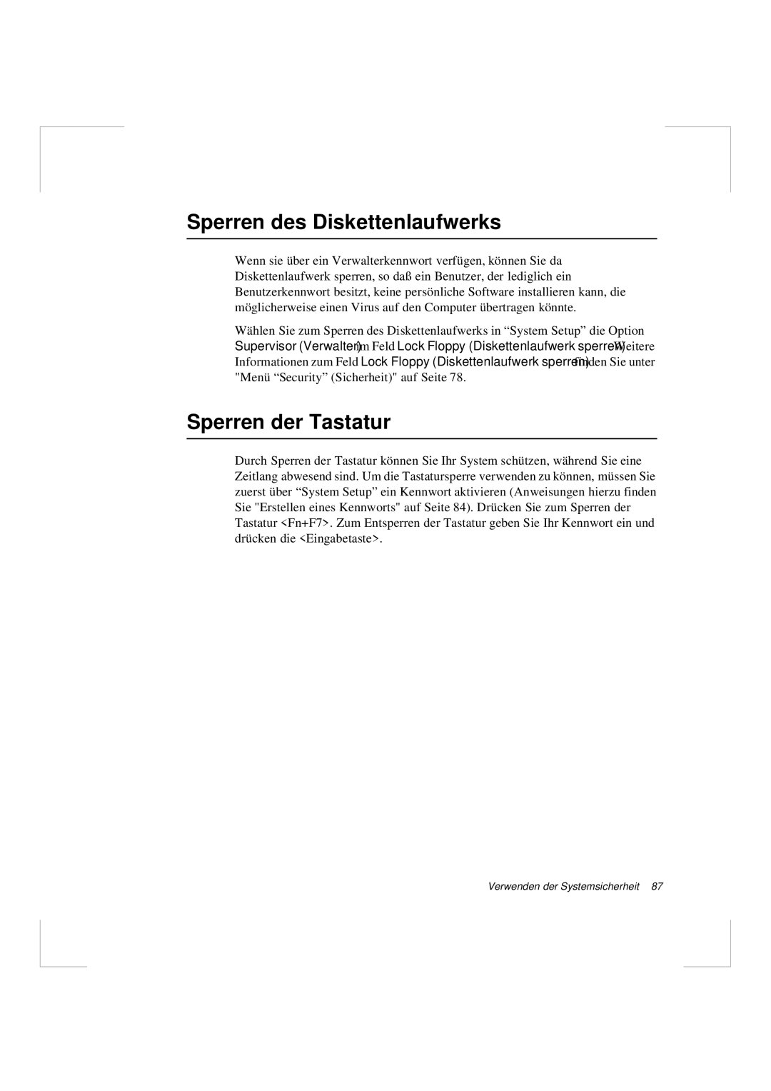 Samsung N640CP4007/SEG, N640GR4002/SEG manual Sperren des Diskettenlaufwerks, Sperren der Tastatur 