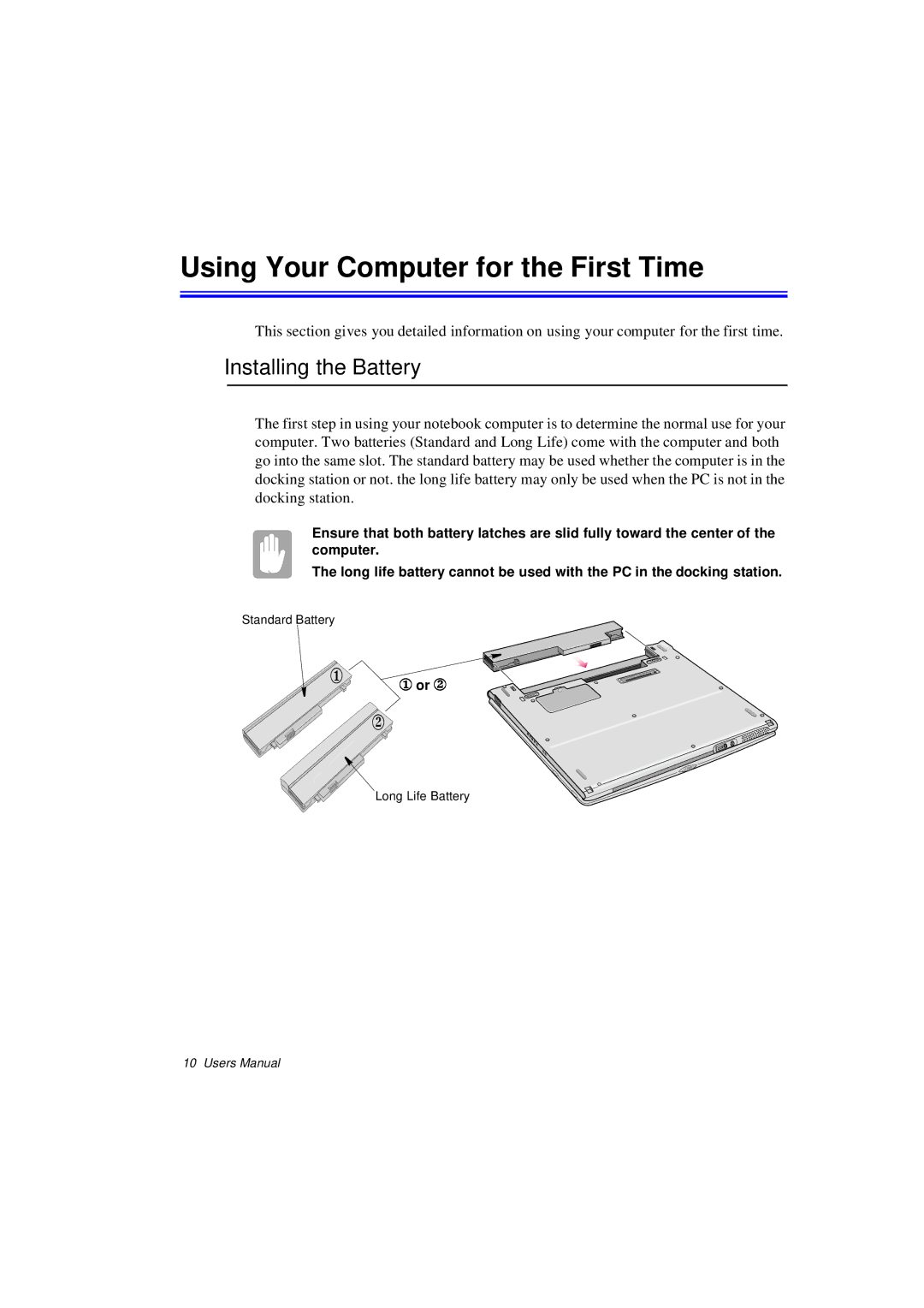 Samsung N760FS2023/SEF, N760GR2003/SEG, N760FS2023/SEG manual Using Your Computer for the First Time, Installing the Battery 