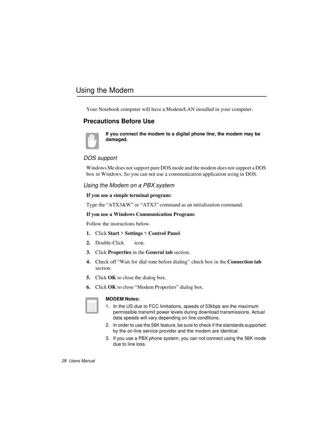 Samsung N760PJ2008/SEF, N760GR2003/SEG manual Precautions Before Use, DOS support, Using the Modem on a PBX system 